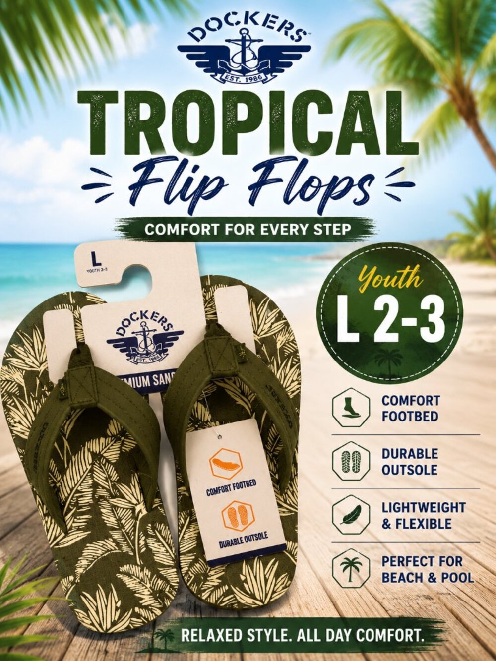 Dockers Premium Flip Flops Green Tropical Palm Print Youth L 2-3 Sandals